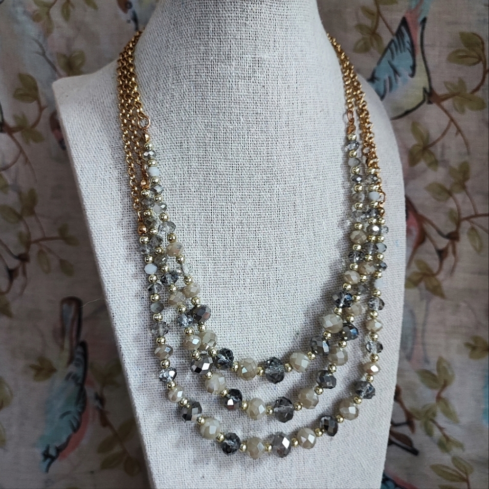 Triple Strand Vintage Faceted Glass Beaded Gold Tone Smoke Necklace EUC